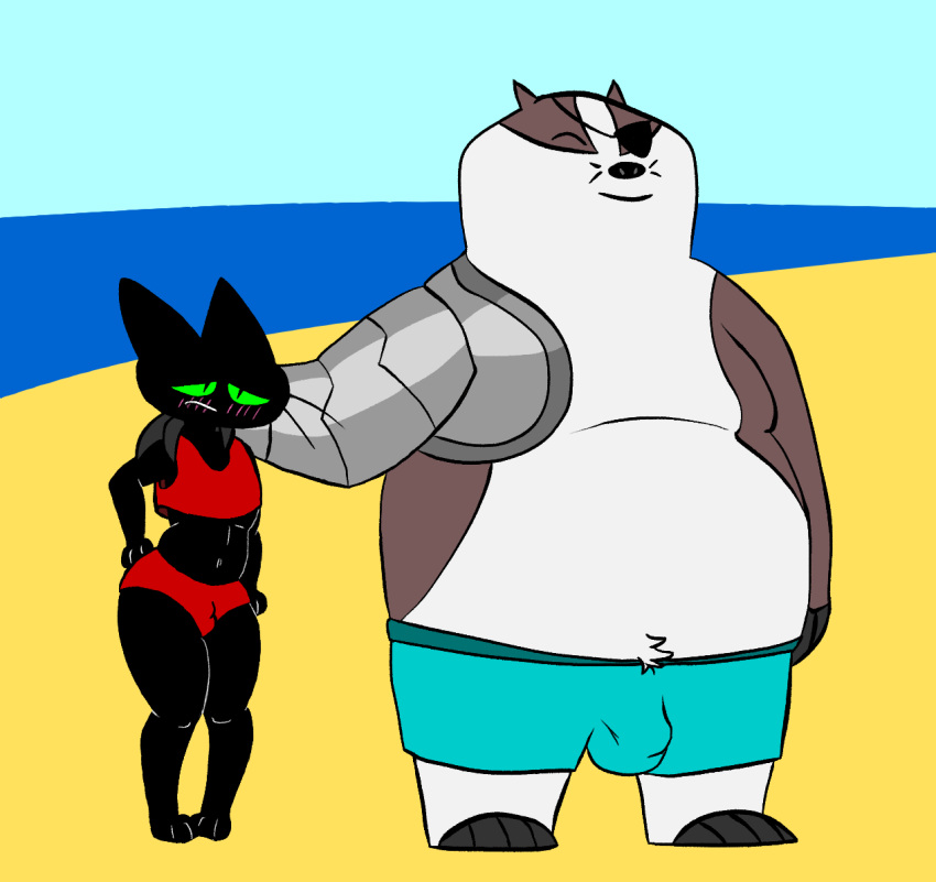 anonymous_artist badger badgerclops black_body black_fur blush blush_lines bottomwear boy_shorts bulge cartoon_network clothing crop_top crotch_tuft domestic_cat duo embarrassed eye_patch eyewear felid feline felis fur green_eyes humanoid male male/male mammal mao_mao:_heroes_of_pure_heart mustelid musteline overweight overweight_male robot_arm sheriff_mao_mao_mao shirt shorts simple_background size_difference topwear tuft underwear white_body white_fur