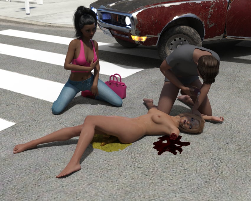 2girls1boy 3d 3d_(artwork) amputated_arm amputee blonde_hair blood bukkake bystander cum cum_on_face daz3d daz_studio dead gore guro necrophilia onlookers scat shitting shitting_self watching wetting wetting_self wrecked3d