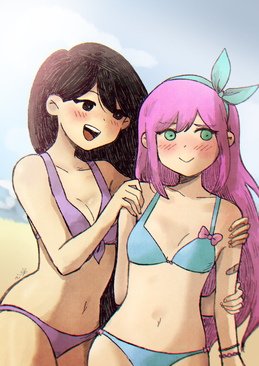 2girls aubrey_(omori) bandage bikini black_eyes black_hair blue_eyes blush bracelet embarrassed female female_only k0k0midess mari_(omori) medium_breasts mob_face multiple_girls omori pink_hair ribbon shy small_breasts smile wholesome