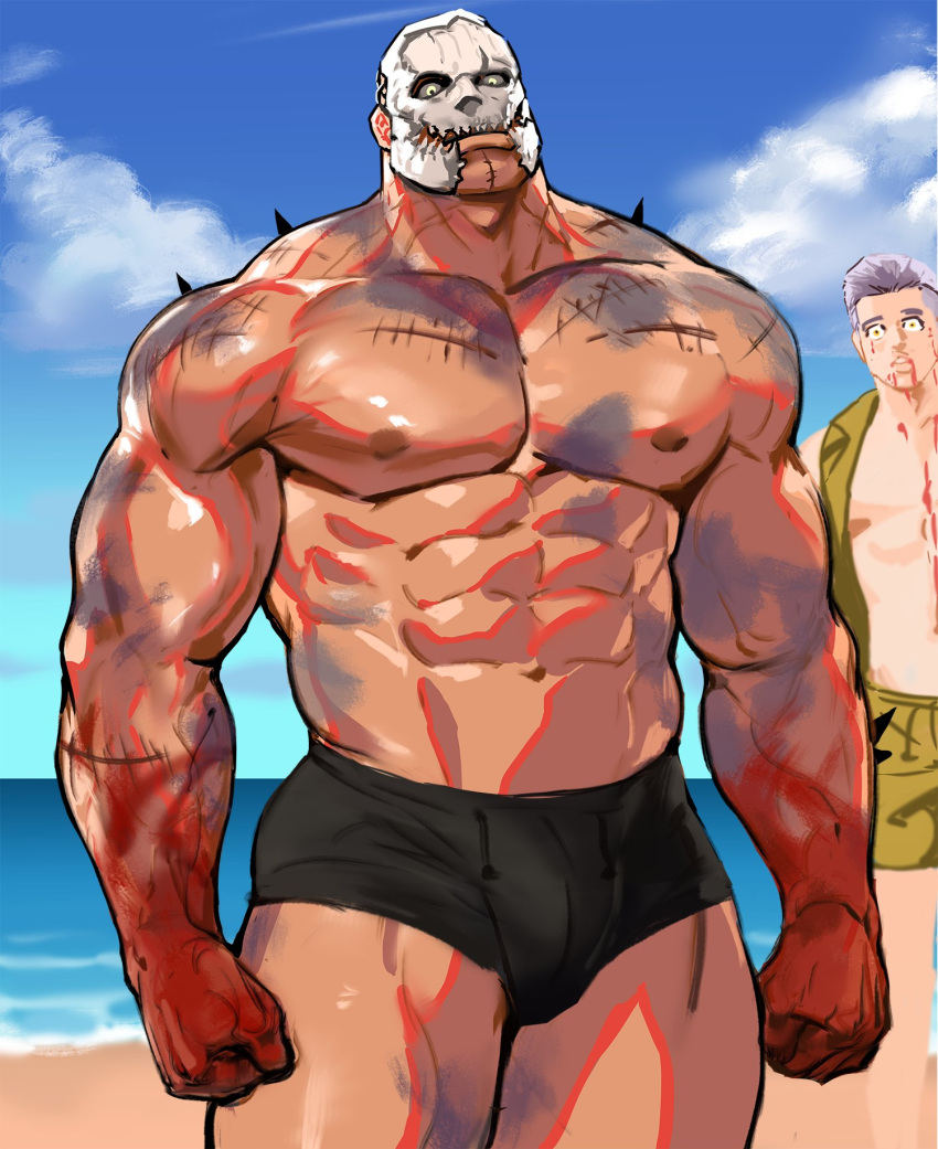 2boys admiring bara beach bulge dead_by_daylight dopq hooked_on_you light-skinned_male male male_only muscular_male the_trapper the_trickster