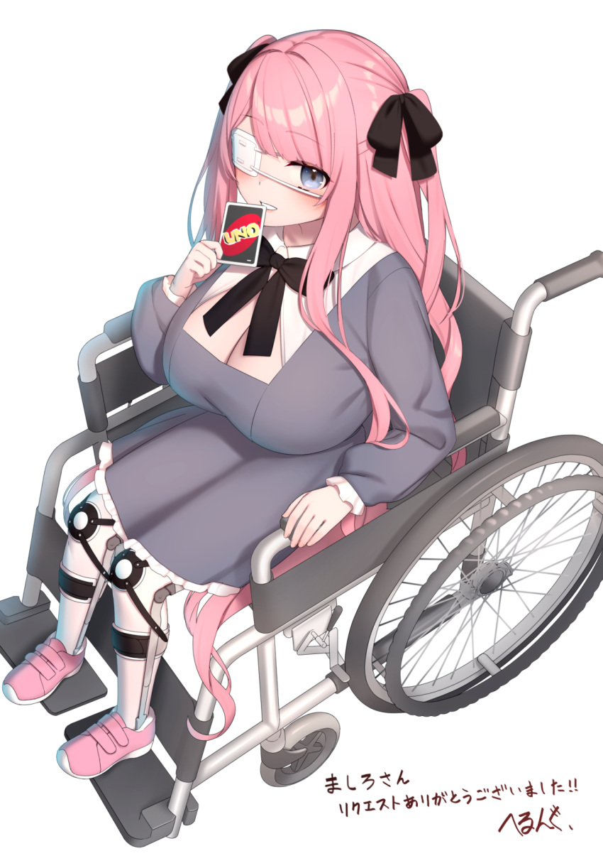 1girls 2d 2d_(artwork) bangs bangs_over_eyes blue_eyes blush busty cleavage cute digital_media_(artwork) disability eye_patch fully_clothed hair_ribbon handicapped hsuliherng huge_breasts large_breasts light-skinned_female long_hair looking_at_viewer original original_character paraplegia pink_hair pink_shoes ribbon sitting solo solo_female thick_thighs uno_(game) uno_card wheelchair white_legwear wholesome