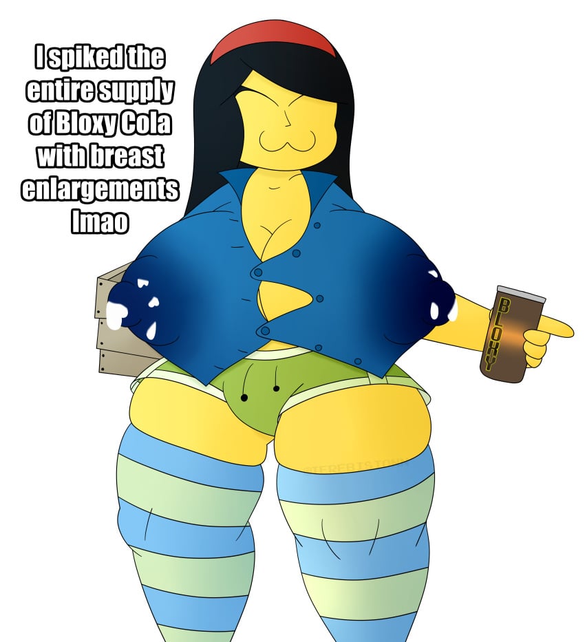 1girls beverage_can bloxy_cola breast_expansion female huge_breasts lactation roblox robloxian solo source_request tagme terebision yellow_skin