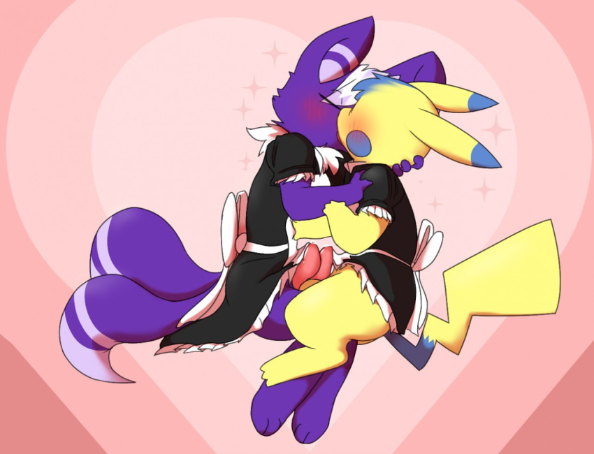 2_tails anthro big_bow_tie blue_hair blush blush_lines bottomless bottomless_male bow_tie closed_eyes clothed clothing digitigrade dipstick_ears dipstick_tail duo ears_back facing_each_other fan_character foot_on_foot frottage genitals hair hand_on_shoulder kissing maid_uniform male male/male markings meowstic miau multi_tail multicolored_ears neck_tuft nintendo paws penis penis_on_penis pikachu pivoted_ears pokémon_(species) pokemon purple_body romantic sex simple_background sitting small_hands spiky_hair tail_markings tapering_penis touching_hand tuft uniform video_games white_hair yellow_body