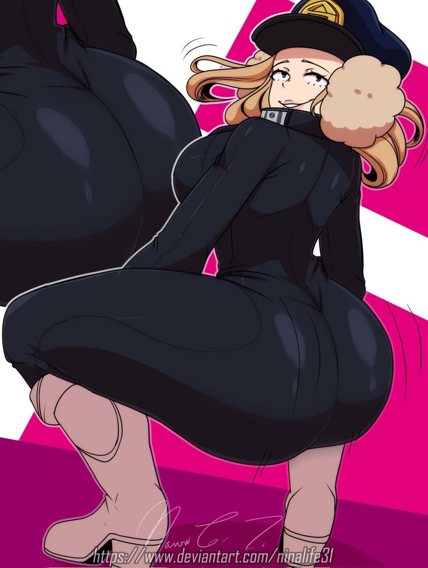 1girls ass ass_shake big_ass big_breasts blonde_hair bodysuit bouncing_ass breasts bubble_butt camie_utsushimi clothing ear_muffs fat_ass female female_only hat looking_at_viewer looking_back motion_lines my_hero_academia ninalife31 shiketsu_high_school_cap shoes smile solo squatting thick_thighs twerking