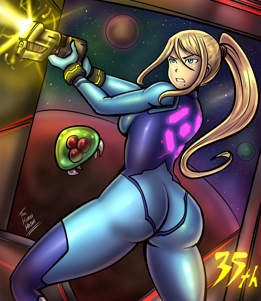 1girls ass ass_focus baby_(metroid) backboob beauty_mark big_ass big_butt blonde_hair blue_eyes bodysuit breasts curvy dakuroihoshi dat_ass fat_ass female female_focus female_only gun hi_res high_resolution highres holding_gun holding_weapon human kuroihoshi large_ass light-skinned_female light_skin metroid metroid_(creature) mole mole_under_mouth nintendo paralyzer_(gun) pistol ponytail samus_aran sidelocks solo solo_female solo_focus tagme thick_ass thick_thighs thighs voluptuous weapon zero_suit zero_suit_samus