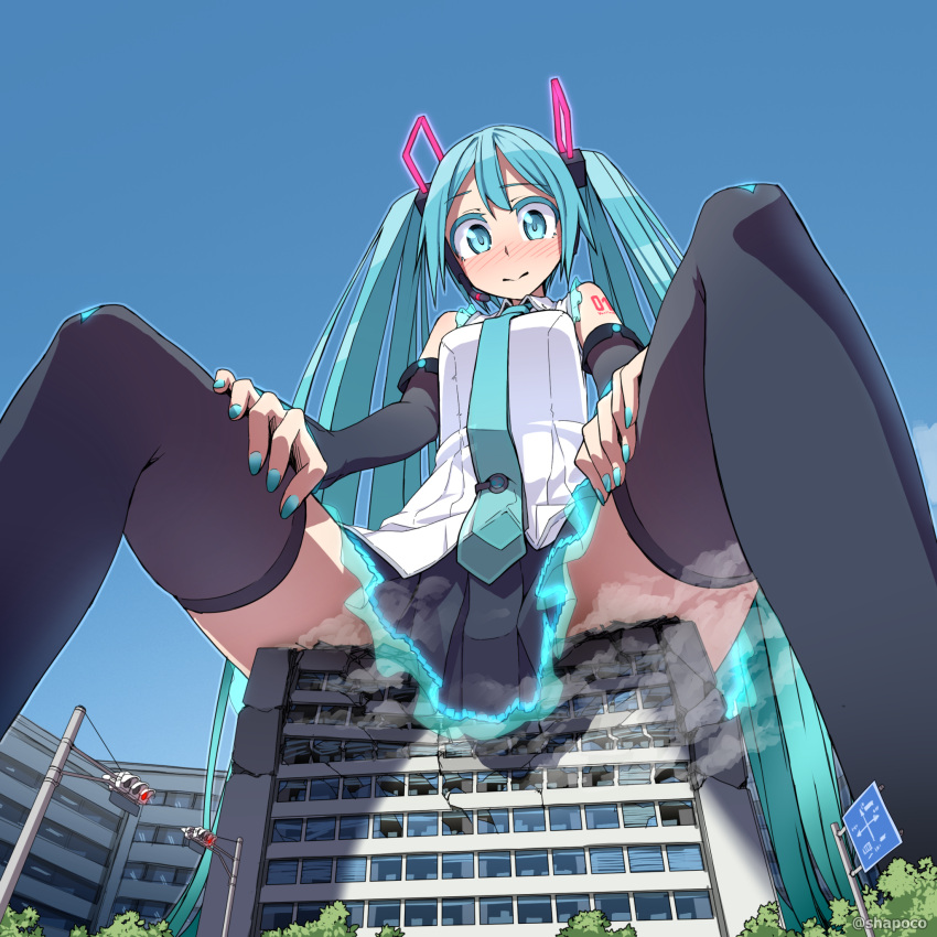 1girls blue_eyes blue_hair breasts city clothed clothing destruction female female_only giantess hatsune_miku light-skinned_female light_skin long_hair looking_at_viewer low-angle_view macro preesoul solo solo_female vocaloid