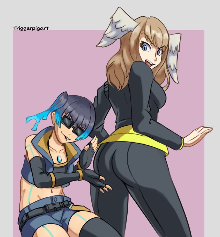 2girls angry annoyed ass ass_worship big_ass blue_eyes blue_hair bodysuit breasts brown_hair core_crystal dat_ass eunie_(xenoblade) large_breasts monolith_soft multiple_girls nintendo presenting_another sena_(xenoblade) small_breasts thick_thighs thighhighs thighs triggerpigart xenoblade_(series) xenoblade_chronicles_3 yuri