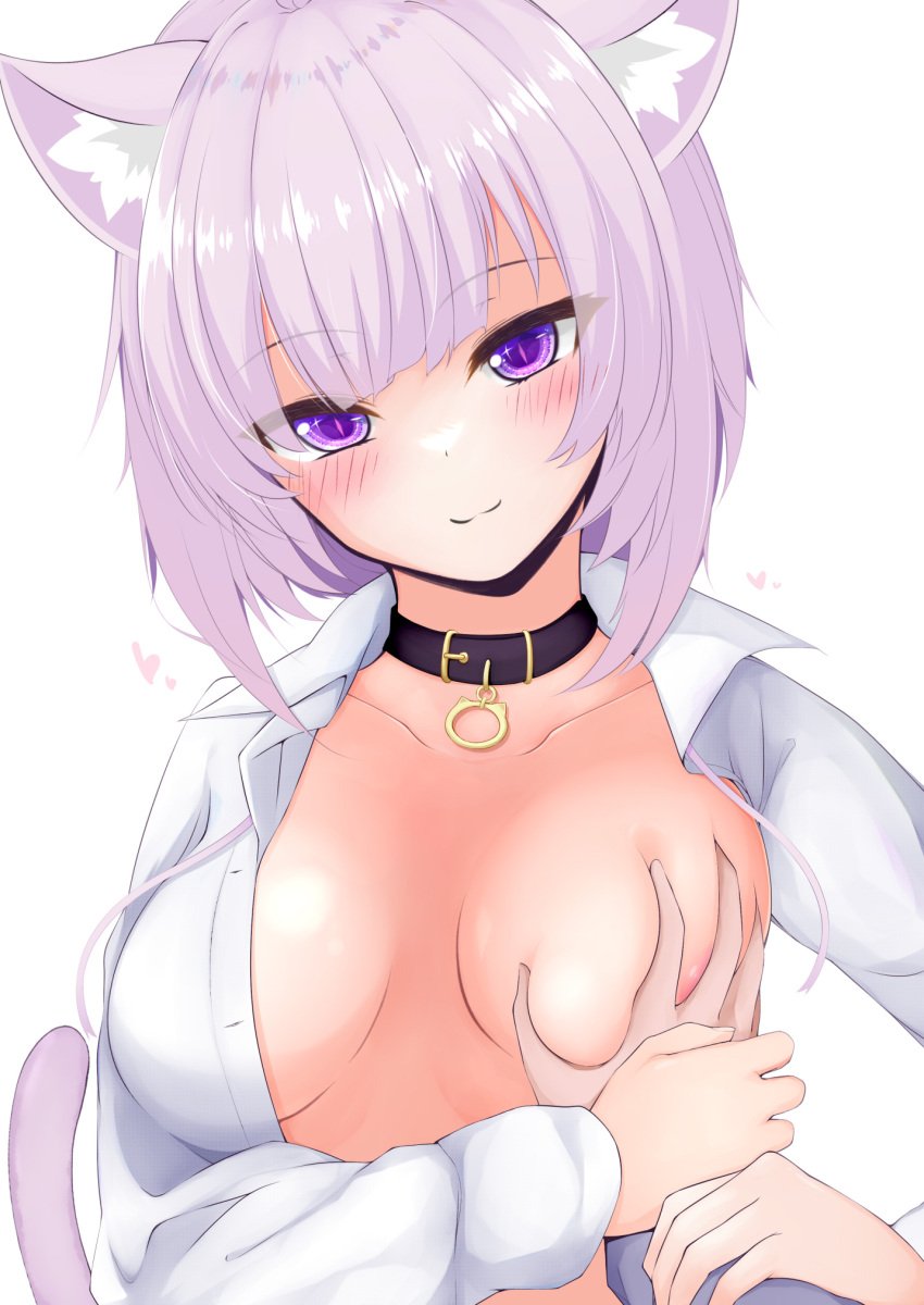 animal_collar animal_ear_fluff animal_ears bakko bangs blush breast_grab breasts cat_ears cat_girl cat_tail closed_mouth collar commentary_request eyebrows_visible_through_hair female grabbing guided_breast_grab head_tilt heart highres hololive hololive_gamers hololive_japan long_sleeves looking_at_viewer medium_breasts nekomata_okayu open_clothes open_shirt pov pov_hands purple_eyes purple_hair shirt short_hair simple_background smile tail upper_body virtual_youtuber white_background white_shirt