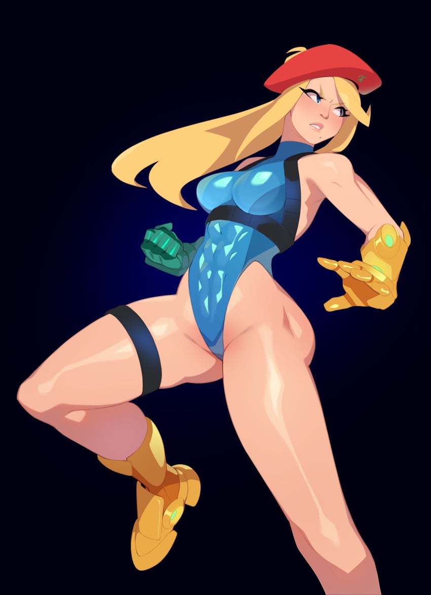 1girls abs abs_visible_through_clothing absurd_res action_pose adapted_costume alternate_costume armwear asymmetrical_gloves bare_shoulders beret black_background black_thigh_strap blonde_hair blue_leotard blue_thong_leotard blush boots breasts cammy_white cammy_white_(cosplay) capcom clenched_hand combos-n-doodles cosplay female female_only fighting_stance footwear fully_clothed fusion gauntlet greaves hat human legband leotard light-skinned_female light_skin long_hair looking_to_the_side medium_breasts metroid mole mole_under_mouth nintendo red_beret red_headwear revealing_clothes samus_aran samus_aran_(cosplay) serious shiny_clothes simple_background skimpy_clothes sleeveless sleeveless_turtleneck solo solo_female straight street_fighter thick_thighs thigh_strap tight_clothing toned toned_female turtleneck turtleneck_leotard