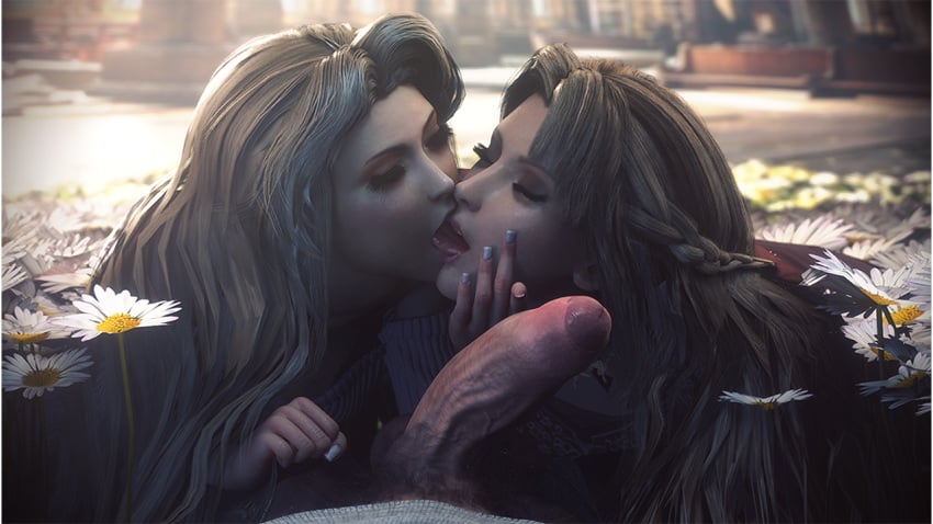 1boy 1male 2girls 3d 3d_(artwork) aerith_gainsborough big_balls big_penis brown_hair casual casual_exposure casual_nudity casual_sex closed_eyes clothed clothed_sex clothes clothing cock_hungry erection female final_fantasy final_fantasy_vii final_fantasy_vii_remake foreskin green_eyes huge_balls huge_cock human ifalna incest indoors jjjjd licking long_hair mother_and_daughter outercourse pale_skin penis threesome tongue tongue_in_mouth tongue_kiss tongue_out uncircumcised uncut veiny_penis video_games yuri