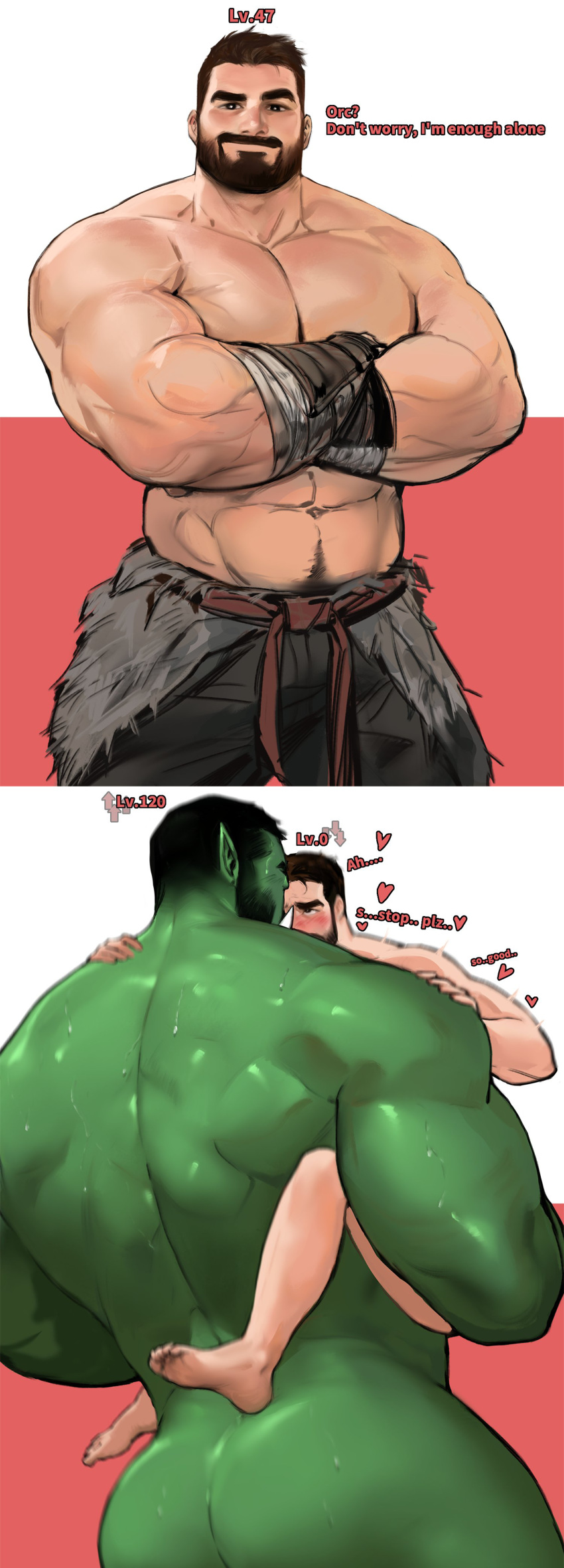 2boys bara dopq gay green_skin instant_loss_2koma male male_only muscular_male nude nude_male orc original original_character sex size_difference stand_and_carry_position text yaoi