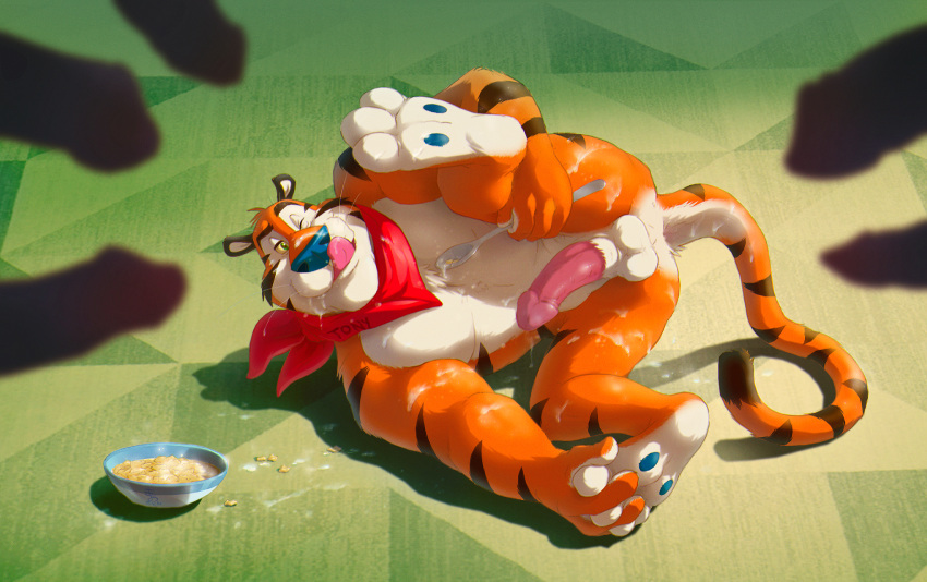 anthro balls cereal felid food frosted_flakes genitals hi_res kellogg's male male/male male_only mammal mascot pantherine penis tiger tongue tony_the_tiger zen