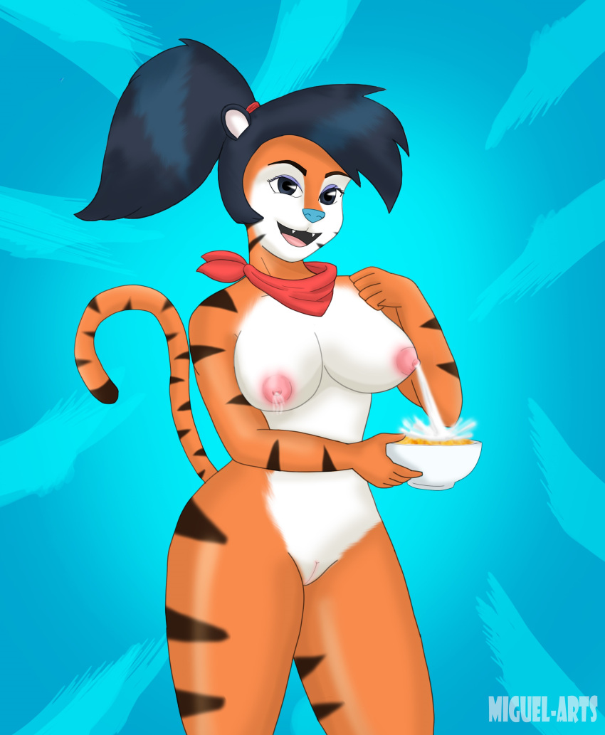 bandana big_breasts blue_hair breasts clothing feline female furry lactating miguel-arts multicolored_fur nude nude_female open_mouth ponytail tigress tony_the_tiger unusual_lactation