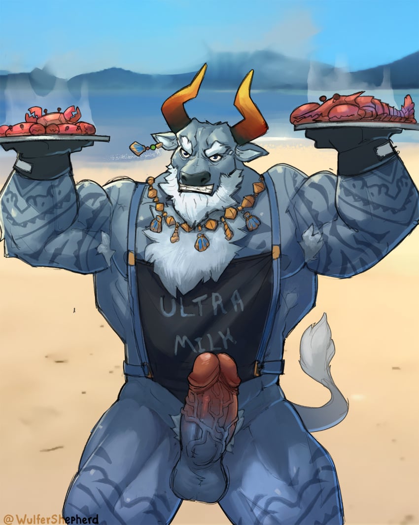 1boy anthro apron arthropod balls ballsack beach beard bottomless bovine cattle clothing crab crustacean decapoda dislyte djoser_(dislyte) ear_piercing ear_ring erection eyebrows facial_hair foreskin foreskin_folds genitals hi_res horns humanoid_penis intact jewelry lobster malacostracan male male_nipples male_only male_pubic_hair mammal marine muscular_male necklace penis piercing retracted_foreskin scrotum solo tail tail_tuft tattoos testicles uncut veiny_penis white_beard white_eyebrows wulfer-shepherd