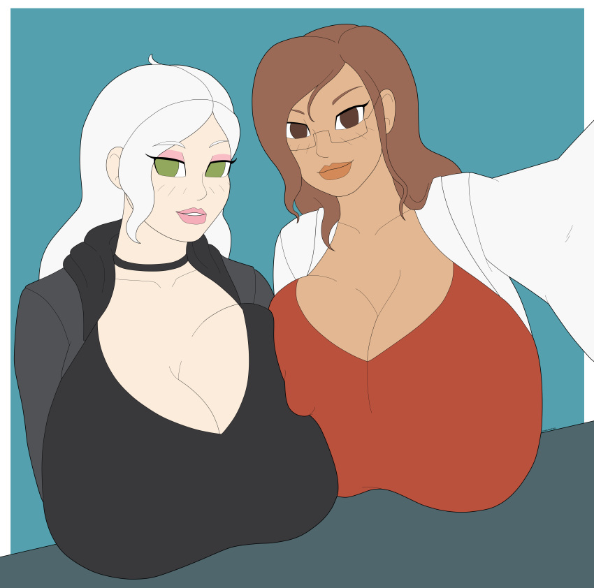 2girls alternate_breast_size asymmetrical_docking athorment athorment_oc big_breasts breasts_bigger_than_head brown_eyes chocolate_and_vanilla cleavage dark-skinned_female evelyn_(athorment) evelyn_(athorment)_(female) female female/female female_focus female_only glasses green_eyes jade_(raindle) latina light-skinned_female long_hair looking_at_viewer nipple_bulge raindle_oc selfie smile tagme white_hair yuri