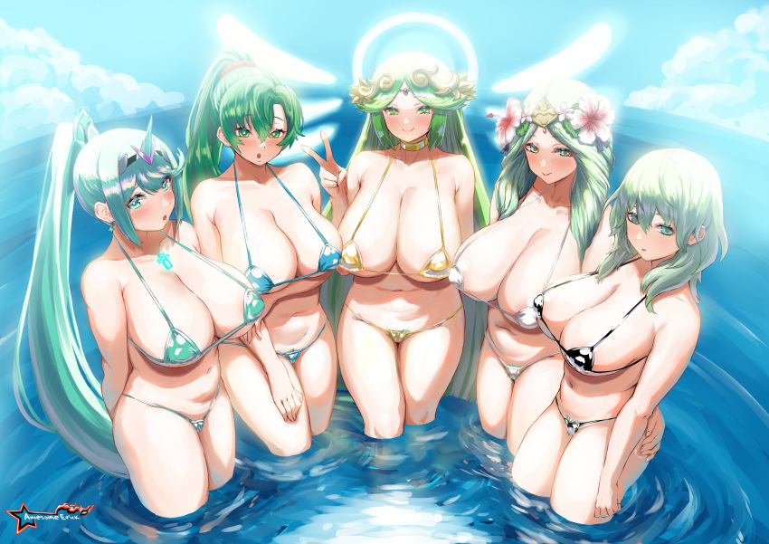 2022 5girls :o absurdres alternate_costume alternate_version_available awesomeerix bare_thighs barely_contained beach bikini black_bikini black_swimsuit blue_bikini blue_swimsuit blush breasts breasts_bigger_than_head byleth_(fire_emblem) byleth_(fire_emblem)_(female) cleavage commission company_connection covered_nipples crossover enlightened_byleth_(female) female female_only female_pubic_hair fire_emblem fire_emblem:_the_blazing_blade fire_emblem:_three_houses flower glowing glowing_wings goddess gold_bikini green_bikini green_eyes green_hair green_swimsuit hair_flower hair_ornament halo hi_res high_ponytail highres hips horny huge_breasts kid_icarus kid_icarus_uprising large_breasts lineup long_green_hair long_hair long_ponytail looking_at_viewer lyn_(fire_emblem) mature_female medium_hair micro_bikini multiple_girls navel nintendo ocean outdoors paid_reward_available palutena partially_submerged peace_sign pneuma_(xenoblade) ponytail pubic_hair pubic_hair_peek rhea_(fire_emblem) rhea_(summer)_(fire_emblem) short_green_hair slim_waist smile stomach super_smash_bros. swimsuit thick_thighs thighs tiara trait_connection v very_long_hair water wet white_bikini white_swimsuit wide_hips wings xenoblade_(series) xenoblade_chronicles_2 yellow_bikini yellow_swimsuit