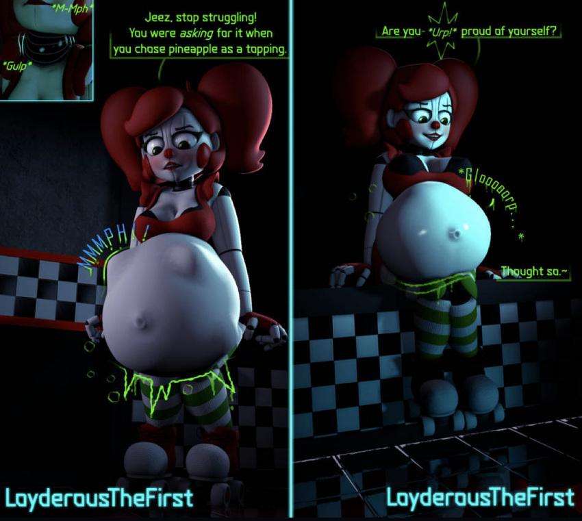 3d baby_(fnafsl) circus_baby circus_baby_(fnaf) digestion digestion_noises five_nights_at_freddy's five_nights_at_freddy's:_sister_location loyderousthefirst oral_vore post_vore so87baby struggling summer_of_87_baby unwilling_vore vore