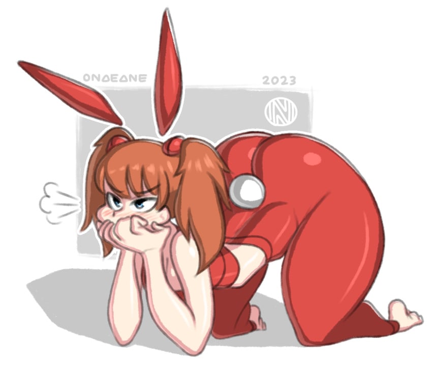 1girls ass asuka_langley_sohryu bare_shoulders barefoot bent_over big_ass big_butt blue_eyes blush breasts bunny_ears bunny_tail cleavage clothed clothing feet female female_only large_ass looking_back neon_genesis_evangelion onaeane orange_hair simple_background solo solo_female