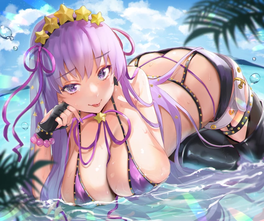 1girls 2022 absurd_res ass ass_cleavage bb_(fate) bb_(swimsuit_mooncancer) beach bikini_top bisyo_oji booty_shorts breasts butt_crack cleavage fate/extra_ccc fate/grand_order fate_(series) female female_only hair_ornament hips huge_breasts large_ass light-skinned_female light_skin long_hair looking_at_viewer naughty_face outdoors purple_bikini_top purple_eyes purple_hair short_shorts shorts slim_waist smile suggestive_look thick_thighs thighs tongue tongue_out very_long_hair water wet wet_body wide_hips