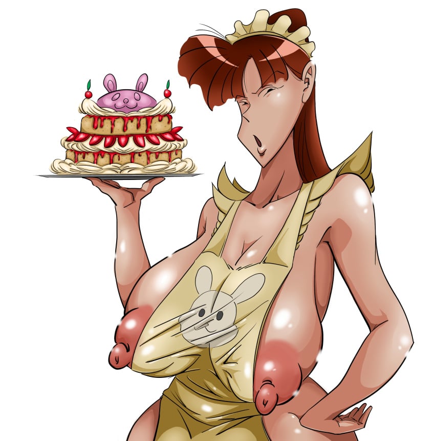 1girls apron apron_between_breasts apron_only areola_bulge areola_slip areolae areolae_slip big_breasts big_nipples breasts breasts_out cake crayon_shin-chan female female_only hand_on_hip hi_res holding_cake holding_food huge_breasts looking_at_viewer moeko_sakurada nipples puffy_areola puffy_nipples のの_(pixiv_id_69399162)