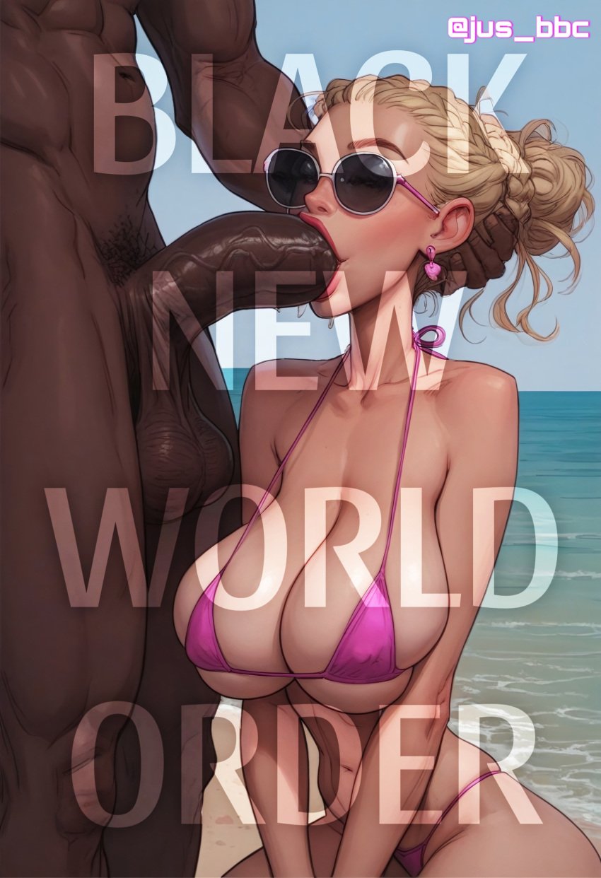 1boy 1girls ai_generated big_penis blonde_hair dark-skinned_male dark_skin english_text fellatio female interracial jus_bbc large_breasts male text