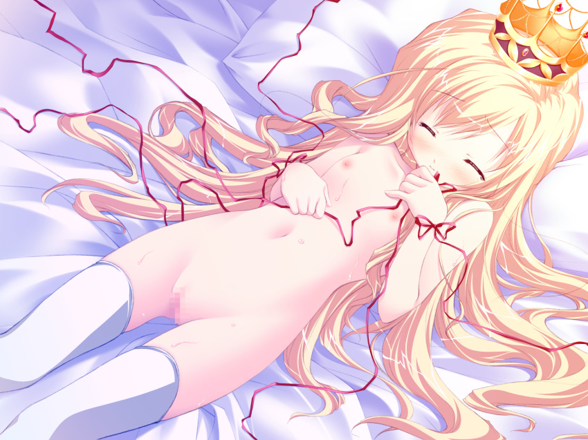 1girls arietta_(lyrical_lyric) blonde_hair bow chikotam closex_eyes completely_nude completely_nude_female crown game_cg highres long_hair lying lyrical_lyric nude on_back on_bed solo