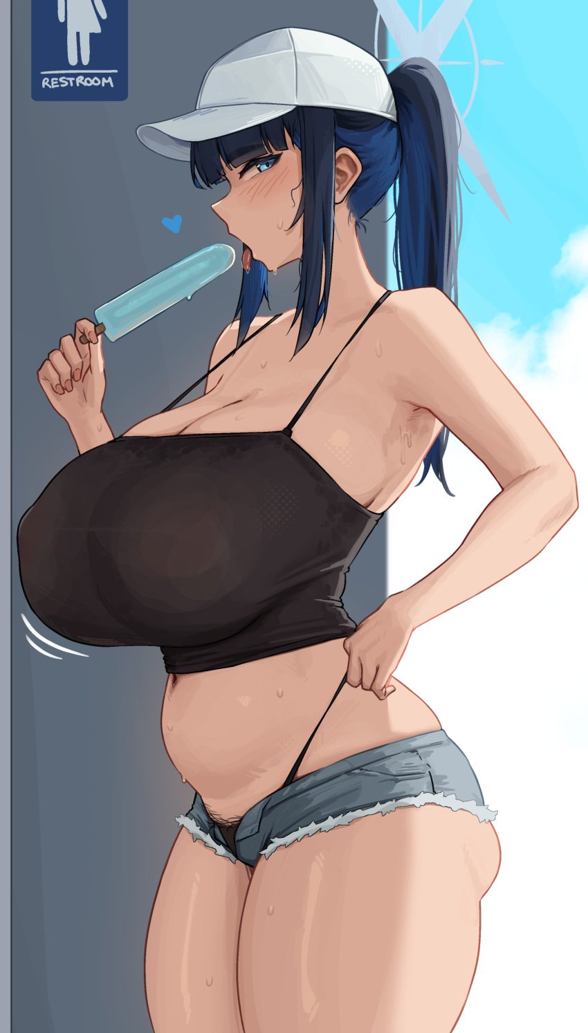 1girls arius_satellite_school_student arius_squad_(blue_archive) blue_archive blue_eyes blue_hair breasts female female_only hat hi_res hips huge_breasts light-skinned_female light_skin long_hair naughty_face roresu saori_(blue_archive) solo tank_top thick_thighs thighs wide_hips