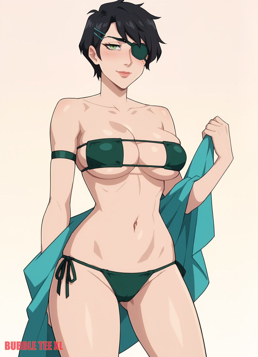 1girls ai_generated ass batman:_hush batman_(series) bikini bubbleteexl catwoman dark_hair dc dc_comics eyepatch female female_focus green_eyes pale-skinned_female pale_skin pixie_cut selina_kyle short_hair swimsuit topless white_skin