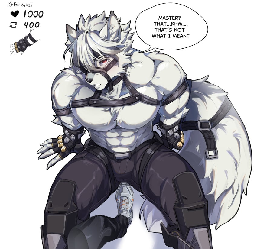 2boys abs absurd_res anthro arm_belt bara blush bulge canid canid_humanoid canine canis chest_harness clothed clothing collar dialogue digital_media_(artwork) dipstick_ears dipstick_hair dipstick_tail ear_markings ear_tuft english_text eye_patch eyewear fartingdoggi fluffy fluffy_chest fluffy_tail fur gay gloves hair hair_over_eye hand harness hi_res human human_male_on_anthro_male human_on_anthro inner_ear_fluff leather leather_harness looking_at_viewer looking_up male male_focus male_only mammal mihoyo multicolored_ears muscular muscular_anthro muscular_male muzzle_(object) muzzled navel nude pants pecs pectorals presenting shirtless tail tail_grab topless topless_anthro topless_male tuft von_lycaon white_body white_fur white_hair wolf yaoi zenless_zone_zero