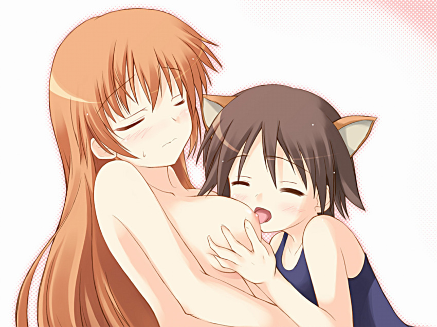 animal_ear blush catgirl charlotte_e_yeager medium_breasts miyafuji_yoshika nude one-piece_swimsuit safi strike_witches swimsuit yuri