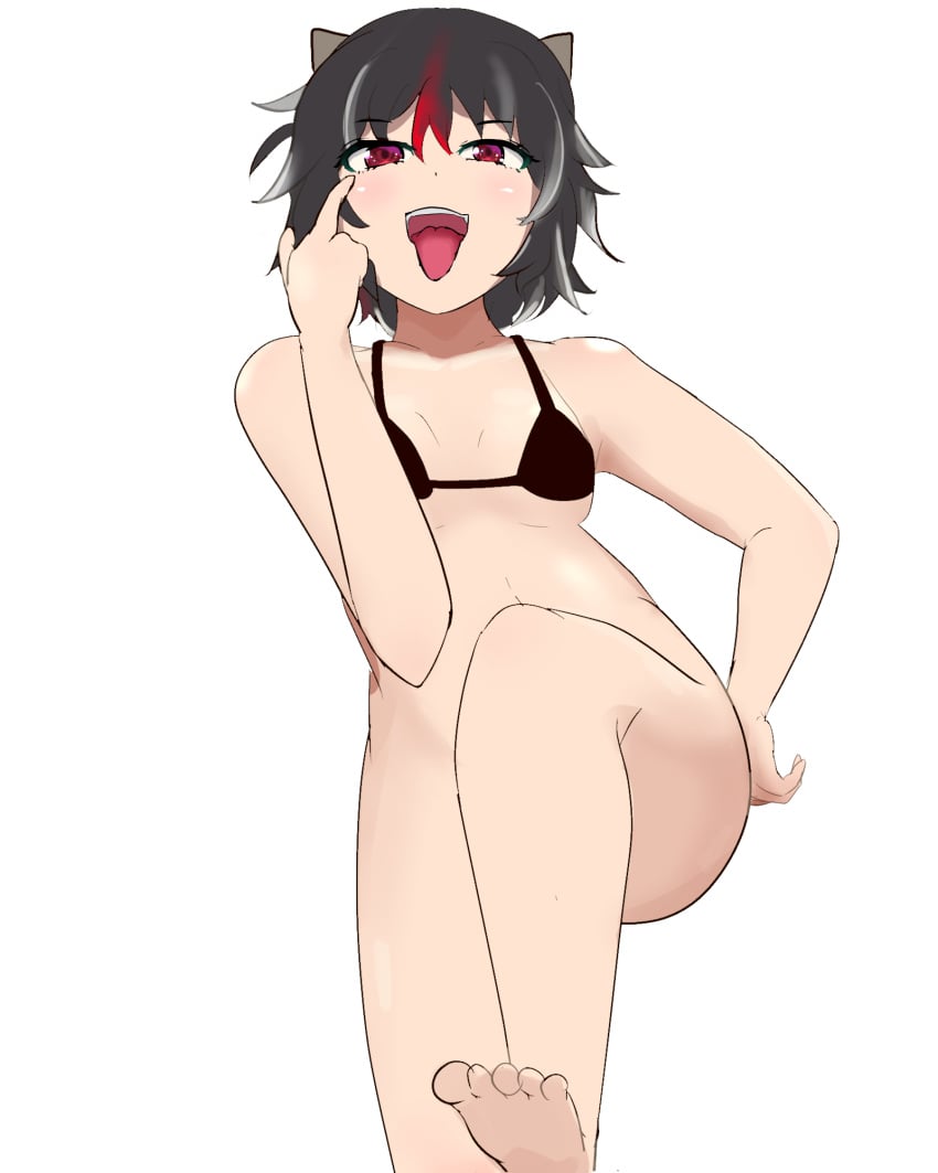 black_hair horns kwiiwk1 red_eyes red_streak seija_kijin small_breasts streaked_hair tongue_out touhou underwear white_streak wide_hips