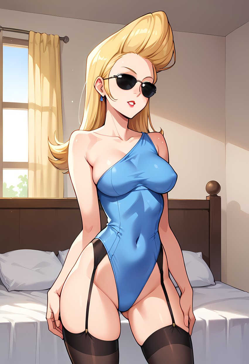 1girl ai_generated anzatiridonia ass_visible_through_thighs bare_shoulders bedroom black_thighhighs blonde_female blonde_hair_female blue_leotard blue_one-piece_swimsuit breasts cartoon_network civitai earrings garter_belt garter_straps jenny_bravo johnny_bravo_(series) leotard lipstick long_hair_female medium_breasts rule_63 shiny_shoulders shiny_skin sunglasses thighs wide_hips