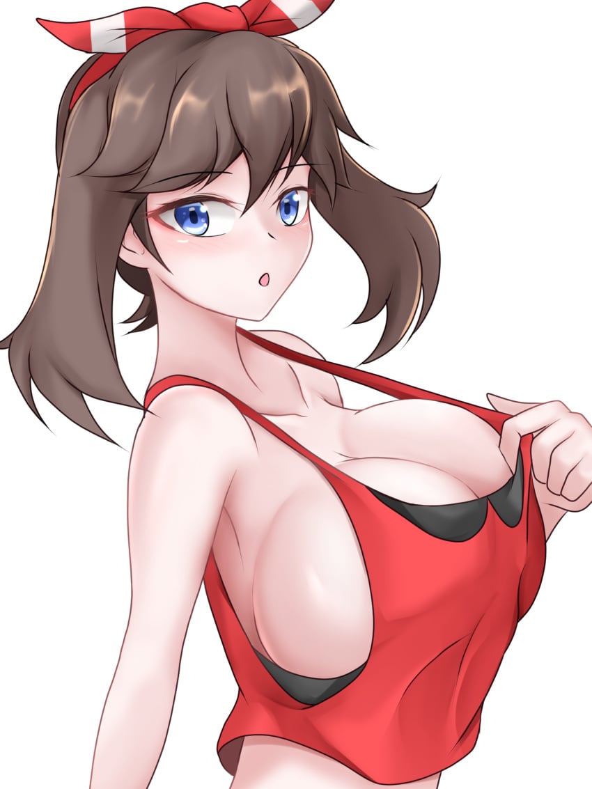 1girls big_breasts blue_eyes breasts brown_hair captain_rs cleavage collarbone creatures_(company) female game_freak huge_breasts large_breasts light-skinned_female light_skin may_(pokemon) nintendo pokemon short_hair solo solo_focus