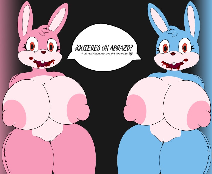 absurd_res anthro big_breasts blazerfurro blood bodily_fluids breasts duo female hi_res huge_breasts konami lagomorph leporid looking_at_viewer mammal nipples nude rabbit robbie_the_rabbit silent_hill silent_hill_3 speech_bubble text thick_thighs