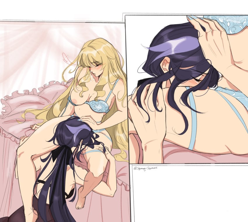 2girls artist_name bed bed_sheet bedroom between_legs black_bra blonde_hair blue_bra blue_hair blue_nails blue_panties blush bra_down breasts clorinde_(genshin_impact) closed_eyes clothed_sex color cunnilingus cunnilingus_through_clothes curly_hair dark_blue_hair genshin_impact hair_ornament hair_ribbon hand_on_another&#039;s_head hand_on_another&#039;s_thigh heart highres kneeling lace-trimmed_bra lace-trimmed_panties lace_trim lighting lipstick long_hair long_skirt looking_pleasured navia_(genshin_impact) nipples one_breast_out partially_clothed pink_lipstick purple_highlights romantic romantic_couple seijousai sitting sitting_on_bed skirt spread_legs thigh_grab tied_hair trembling underwear_only very_long_hair watermark white_background yuri