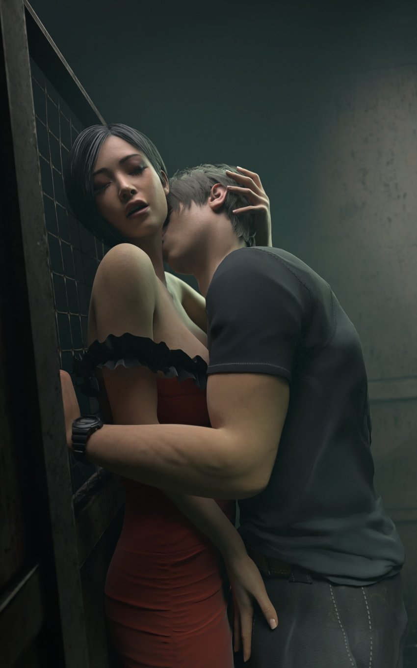 1boy 1girls 3d ada_wong asian_female black_hair brown_hair clothed dress hydrafxx interracial kissing leon_scott_kennedy muscular_male red_dress resident_evil resident_evil_2 resident_evil_2_remake resident_evil_4 resident_evil_4_remake sex standing_sex straight undressing wristwatch