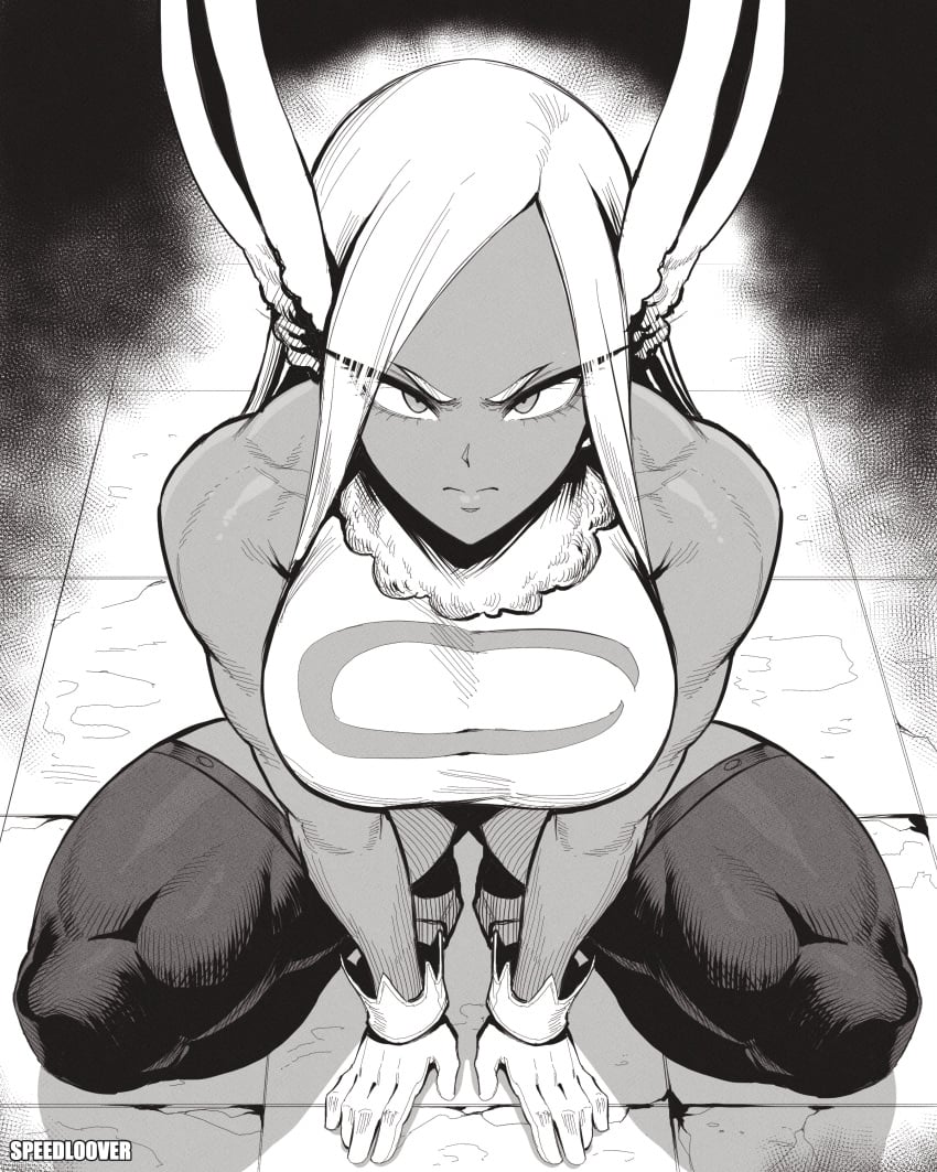 1girls absurdres animal_ears bare_shoulders boku_no_hero_academia breasts closed_mouth crescent_print english_commentary female fur_collar gloves grey_hair highres large_breasts leotard long_eyelashes long_hair looking_at_viewer mirko miruko monochrome parted_bangs rabbit_ears rabbit_girl rumi_usagiyama sleeveless_turtleneck_leotard solo speedl00ver spread_legs squatting straight-on taut_leotard thick_thighs thighhighs thighs tile_floor tiles toned_female v-shaped_eyebrows