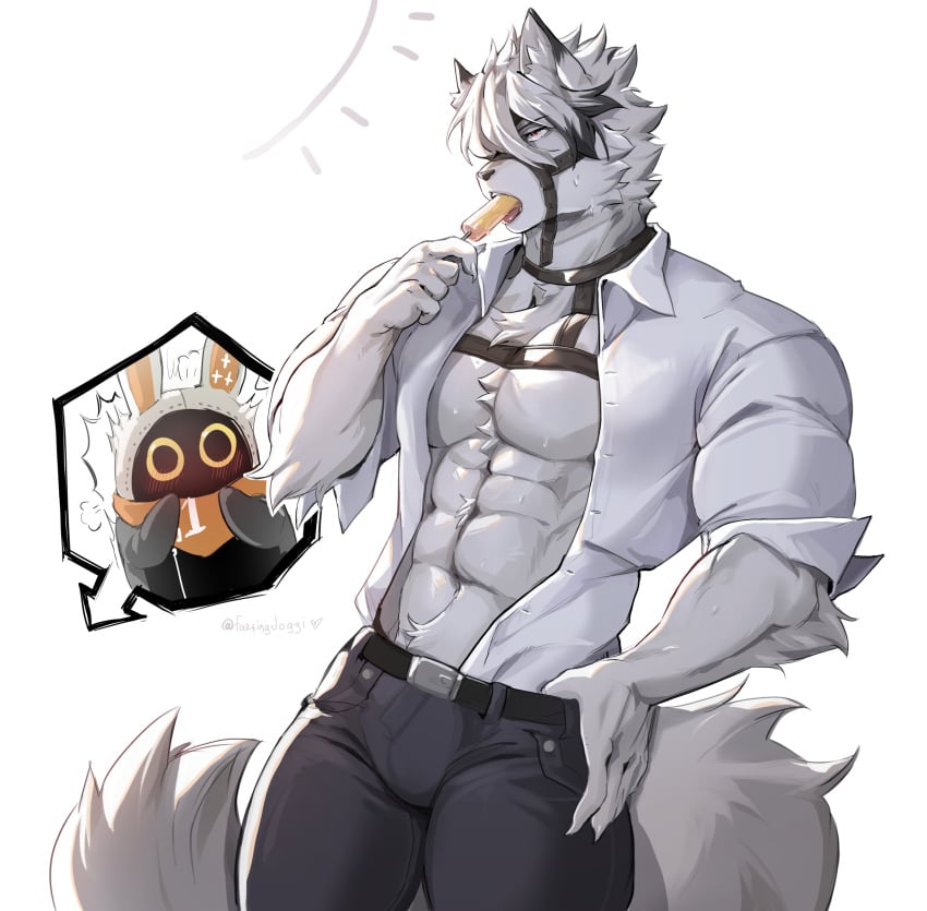 1boy abs absurd_res anthro bara blush bulge bulge_through_clothing button_down_shirt canid canid_humanoid canine canis chest_harness clothed clothing collar digital_media_(artwork) dipstick_ears dipstick_hair dipstick_tail ear_markings ear_tuft english_text eye_patch eyewear fartingdoggi fluffy fluffy_chest fluffy_tail flustered fur gloves hair hair_over_eye hand harness hi_res ice_cream inner_ear_fluff leather leather_harness looking_at_viewer male male_focus male_only mammal mihoyo multicolored_ears muscular muscular_anthro muscular_male muzzle_(object) muzzled navel open_shirt pecs pectorals popsicle popsicle_in_mouth presenting robot shirt solo solo_anthro solo_focus sweat tail tuft von_lycaon white_body white_fur white_hair wolf zenless_zone_zero