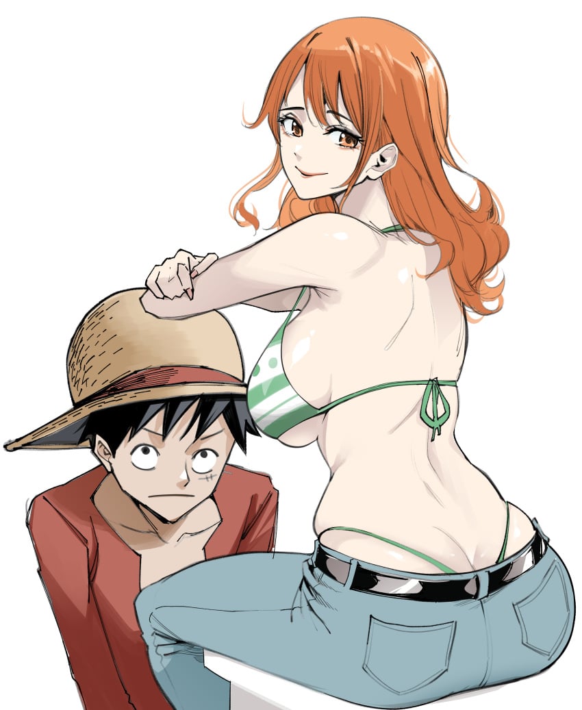 big_breasts bikini bra female hat jeans luffy male nadainishi nami one_piece thong vest