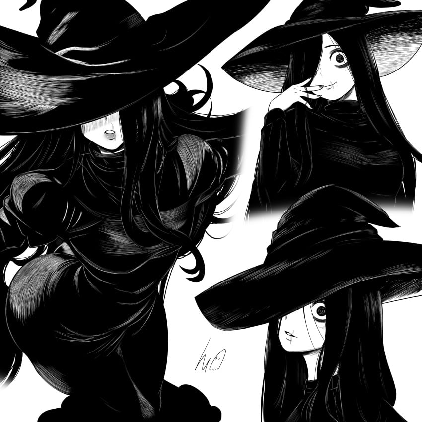 1girls 2024 2d_(artwork) black_hair female female_focus female_only ghost ghost_girl hair_ornament hair_over_one_eye halloween halloween_costume highres hips long_hair long_sleeves looking_at_viewer lughost monochrome nightmare_waifu pale-skinned_female pale_skin smiling the_ring thick_hips tight_clothing tight_fit witch witch_costume witch_hat yamamura_sadako