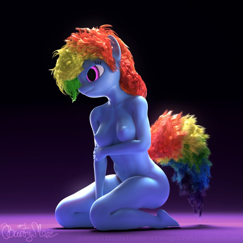 2024 3d_(artwork) absurd_res anthro anthrofied areola arm_under_breasts bangs big_breasts biped black_background blender_(artwork) blue_body blue_skin breasts burrymare dark_theme detailed digital_media_(artwork) earth_pony english_text equid equine female female_anthro fluffy fluffy_tail friendship_is_magic full-length_portrait gradient_background hair hand_between_legs handwritten_text hasbro hi_res holding_breast horse kneeling light lighting long_hair looking_away looking_back mammal multicolored_hair multicolored_tail my_little_pony nipples nude nude_female pink_eyes plantigrade pony portrait puffy_nipples purple_background rainbow_dash_(mlp) rainbow_hair rainbow_tail seiza shaded shadow short_hair shy signature simple_background sitting soft_shading solo tail text three-quarter_view