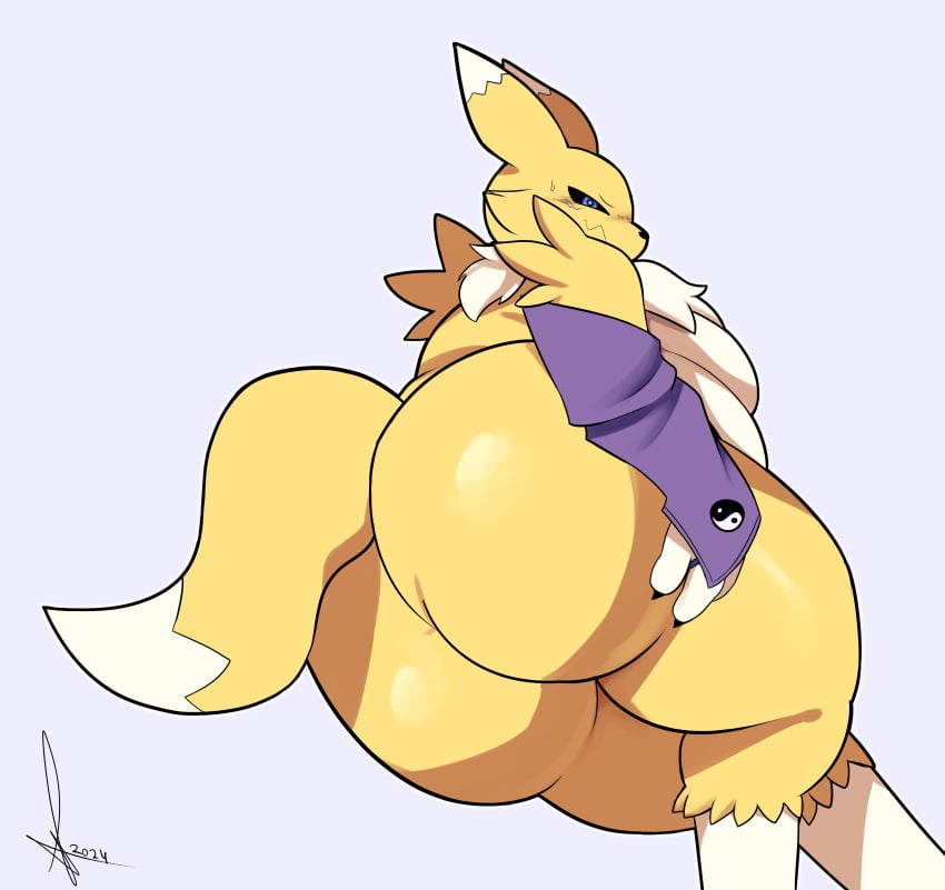 absurd_res anthro ass bandai_namco belly big_butt breasts digimon digimon_(species) digital_media_(artwork) female hi_res renamon samirachuni simple_background slightly_chubby slightly_chubby_anthro slightly_chubby_female solo tail thick_thighs yellow_body