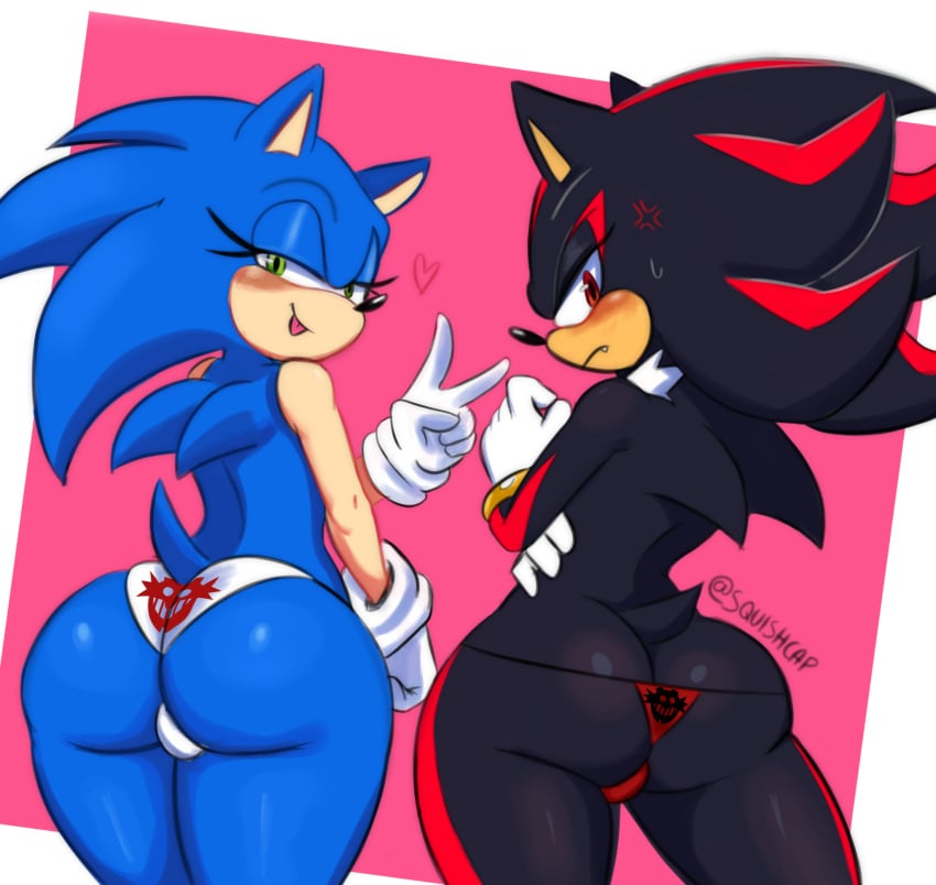 2boys angry anthro ass_focus backsack big_ass black_fur black_nose blue_fur blush bulge crossed_arms duo eggman_logo embarrassed eyelashes femboy feminine from_behind gloves green_eyes hedgehog huge_ass looking_back narrow_waist panties peace_sign red_eyes shadow_the_hedgehog sonadow sonic_the_hedgehog spoken_heart squishcap_(artist) tail thick_thighs tongue_out twitter_username wide_hips