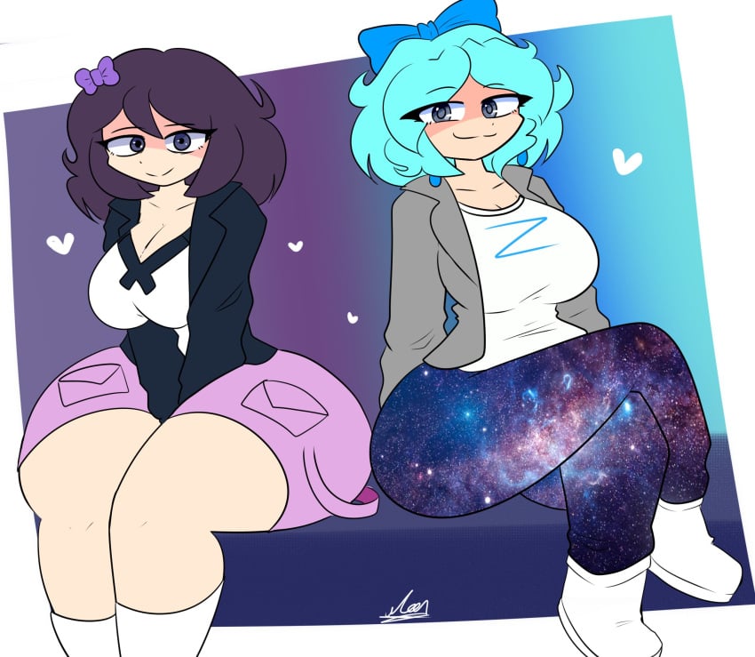 2girls ass big_ass breasts cleavage female female_focus female_only heart moonlightdrawinguwu wide_hips