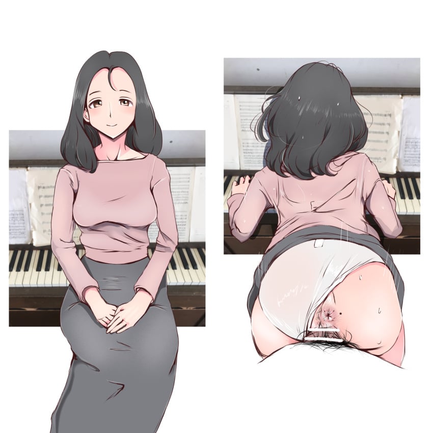 1boy anus bar_censor black_hair blush breasts censored clothes_lift clothing_aside female grey_skirt highres instrument light_smile long_skirt looking_at_viewer male_pubic_hair medium_breasts monsiurbeat2 multiple_views original panties panties_aside piano pink_shirt pubic_hair sex sex_from_behind shirt skirt skirt_lift underwear vaginal_penetration white_panties