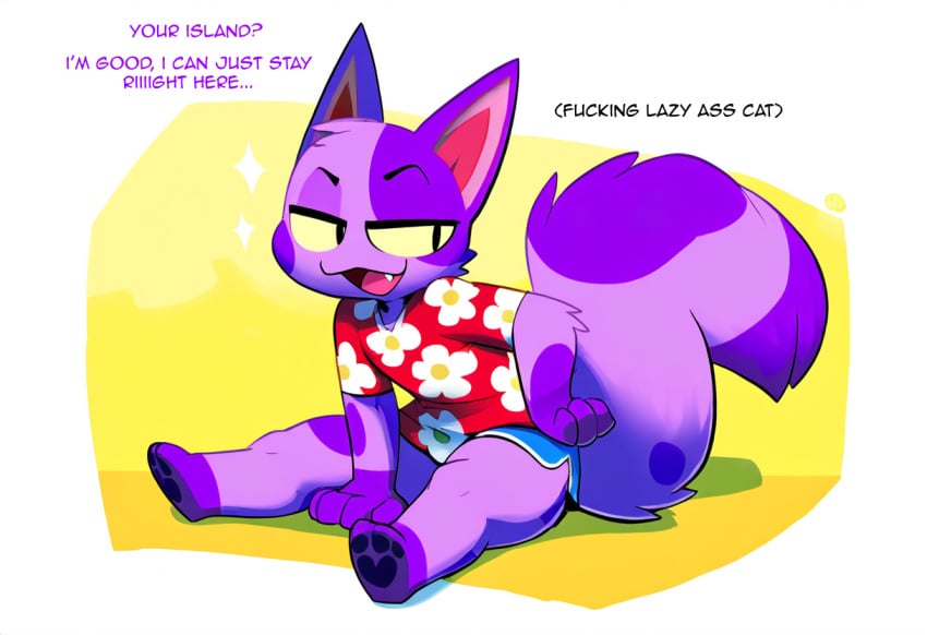 ai_generated aloha_shirt animal_crossing anthro bob_(animal_crossing) bottomwear canid canine clothed clothing cute_fangs domestic_cat felid feline felis fur hellsonger hi_res male mammal narrowed_eyes nintendo open_mouth pattern_clothing pattern_shirt pattern_topwear purple_body purple_fur shirt shorts simple_background sitting smile solo text topwear underwear