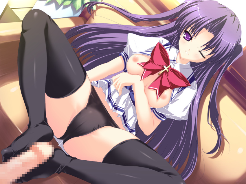 1boy 1girls black_panties breasts censored clothes_lift feet footjob game_cg hetero highres long_hair lyrical_ds lyrical_lyric medium_breasts mikeou mosaic_censoring nipples one_eye_closed panties penis purple_eyes purple_hair skirt skirt_lift smirk solo_focus takami_rin thighhighs twintails two-footed_footjob underwear very_long_hair