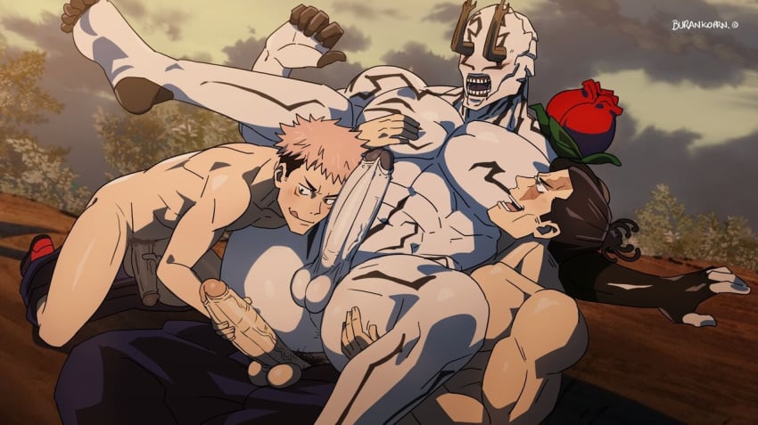 3boys abs anal aoi_todo ass bara barefoot blowjob burankoprn demon erection gay hanami_(jujutsu_kaisen) interspecies itadori_yuuji jujutsu_kaisen leg_up legs_apart legs_up lifting lifting_leg monster muscle nude outdoors pants_down pecs penis scar size_difference tattoo threesome uncensored undressing watching_sex yaoi