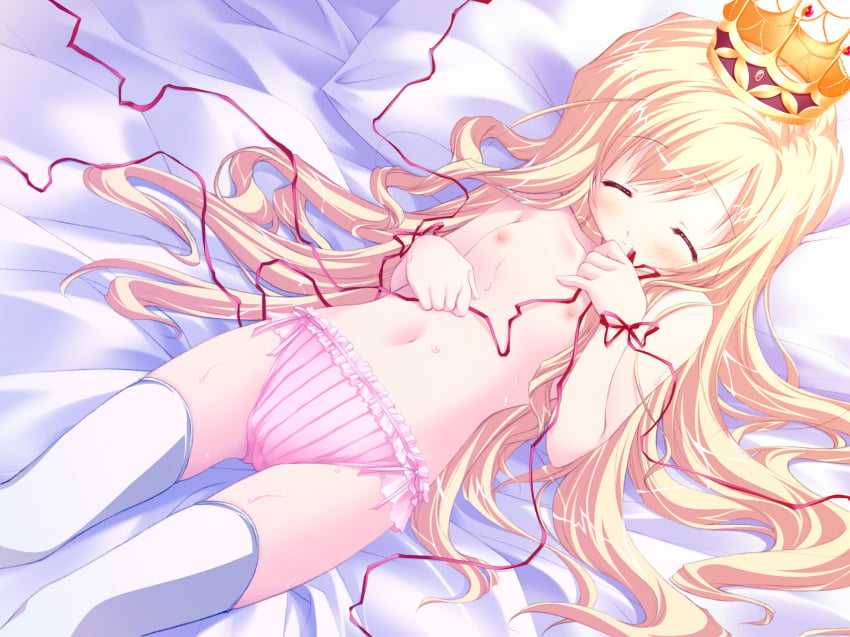 1girls arietta_(lyrical_lyric) blonde_hair bow chikotam closed_eyes crown game_cg highres lingerie long_hair lying lyrical_lyric on_back on_bed panties pink_bra pink_panties ribbon solo striped_bra striped_clothes striped_panties thighhighs underwear underwear_only vertical-striped_bra vertical-striped_clothes vertical-striped_panties