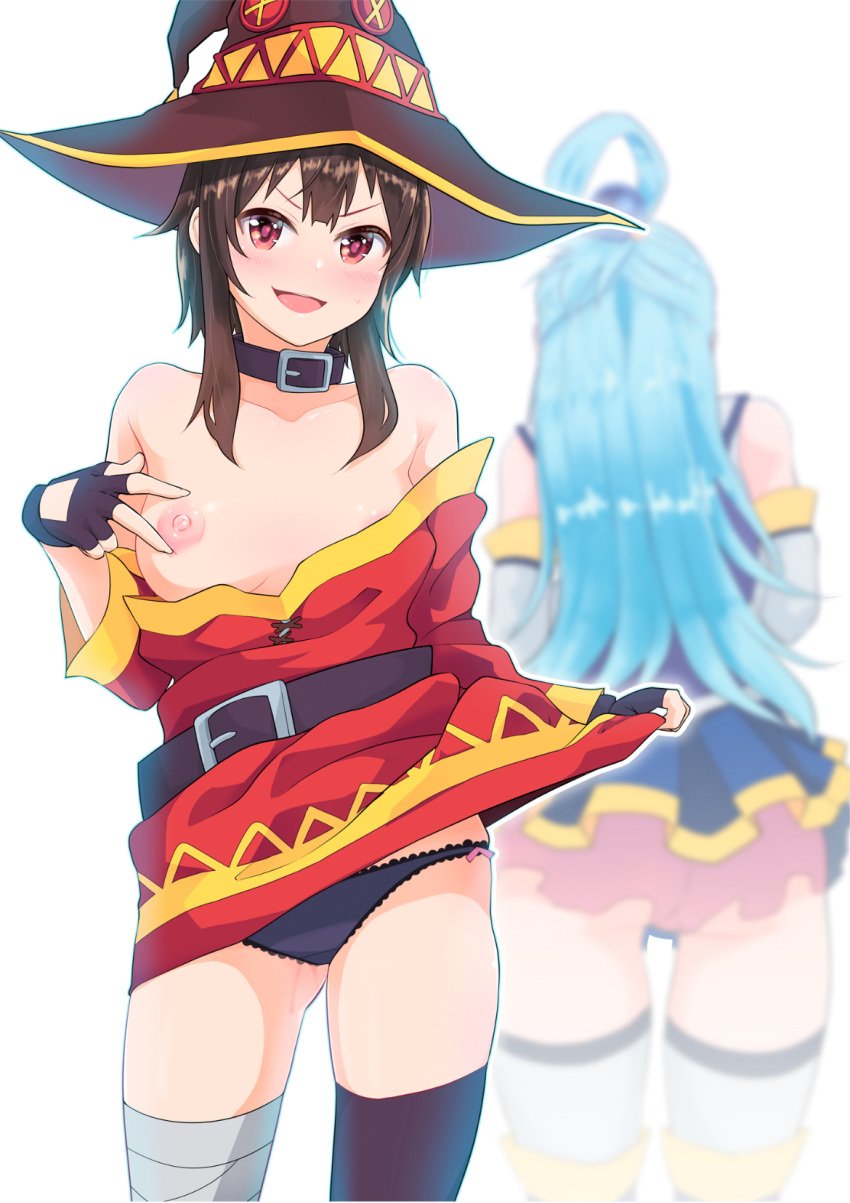 2girls aqua_(konosuba) ass black_panties blue_hair breasts choker female female_only kono_subarashii_sekai_ni_shukufuku_wo! lifted_by_self lifting_skirt megumin multiple_girls no_panties solo_focus wet wet_pussy